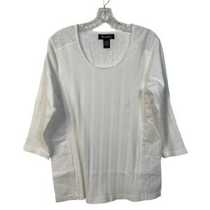 Women's L DENIM & CO. White Eyelet and Ribbed Stretchy Top Long Sleeve